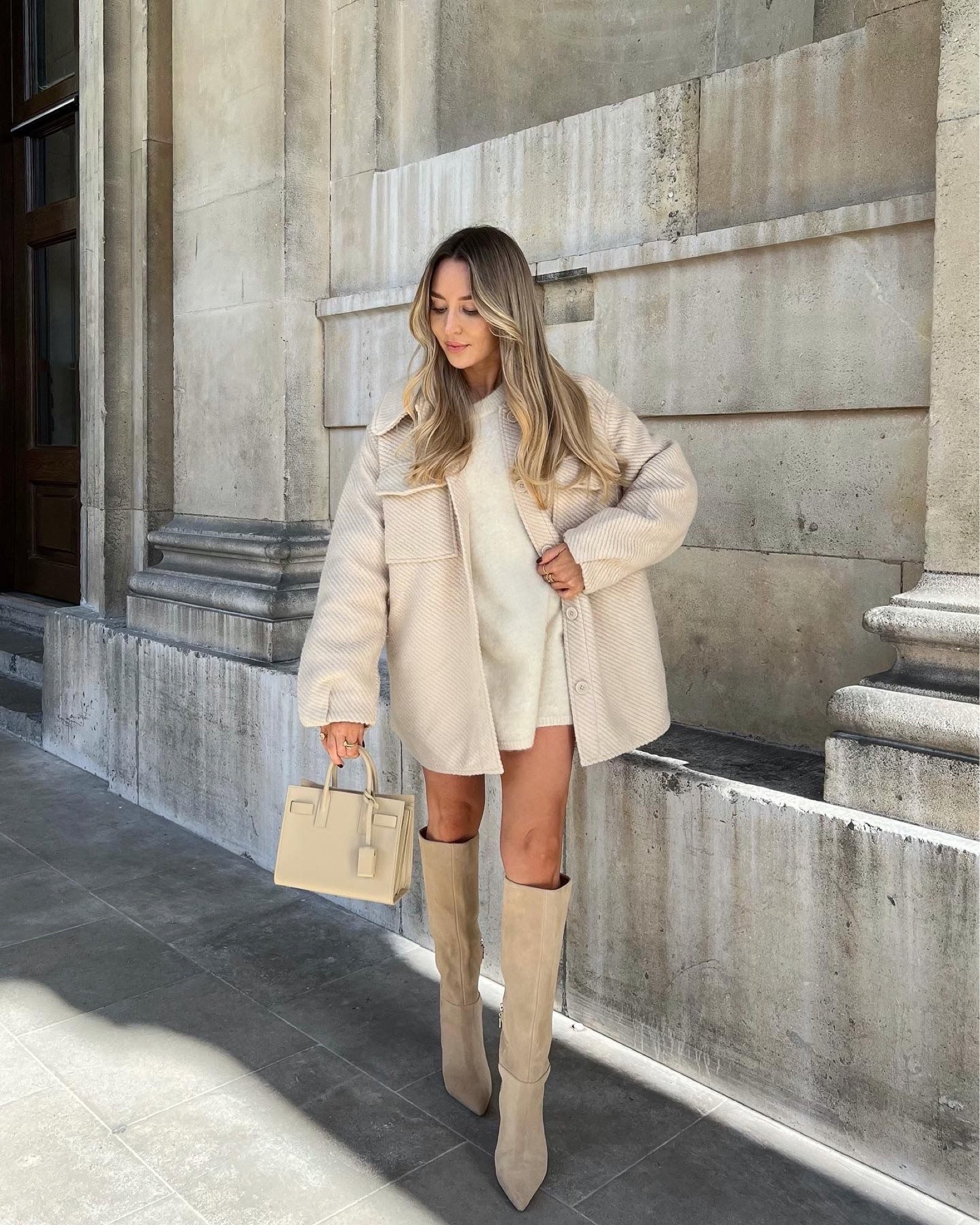 You all know by now I love layering pieces of a similar tone, it creates such a put together look without having to think too much about it! Here I've put together a cream knit jumper dress & thick oversized shacket with knee high cream boots & YSL Sac du Jour.

#LTKstyletip #LTKeurope #LTKSeasonal
