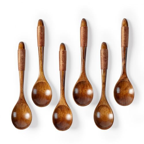 Hefild 6 PCS Wooden Spoons for Honey, 6.7 inch Small Wooden Spoons - Terrific for Tea, Coffee & Soup, Little Wood Serving Table Spoon Set, Bulk Bamboo Teaspoon for Eating with Wrapped Handles | Amazon (US)