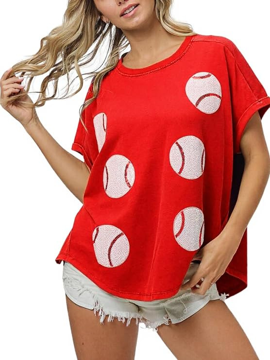 Womens Sparkle Baseball Sequin Tee Game Day Pullover T-Shirt Crewneck Oversized Short Sleeve Wash... | Amazon (US)