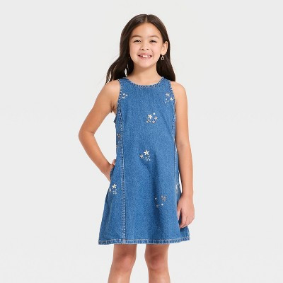 Girls' Embroidered Denim Shift Dress - Cat & Jack™ Medium Wash XS | Target