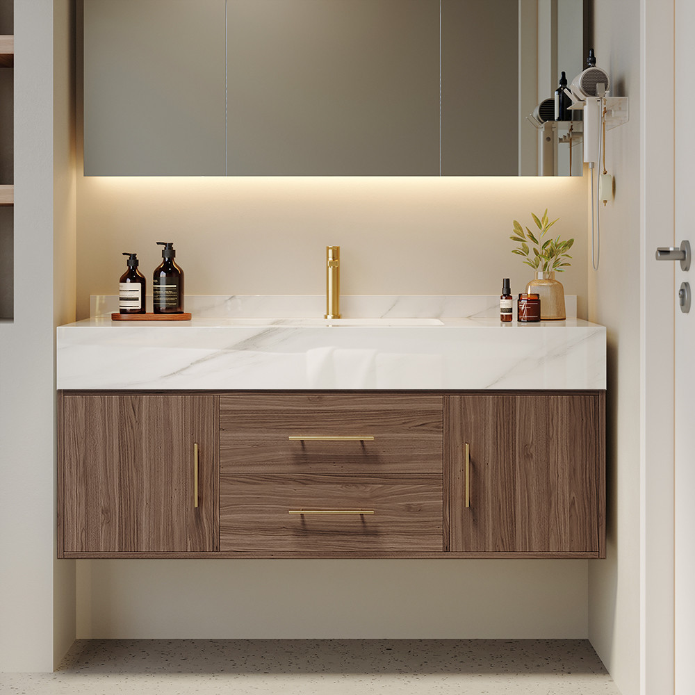 39"" Floating Bathroom Vanity Set Wall Mounted Stone Countertop Washroom Medicine Cabinet Walnut with Undercounter Ceramic Sink | Homary