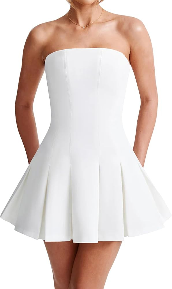 Women's Sexy Strapless Ruched Pleated Tube Mini Dress Y2K Sleeveless A Line Bodycon Short Dress | Amazon (US)