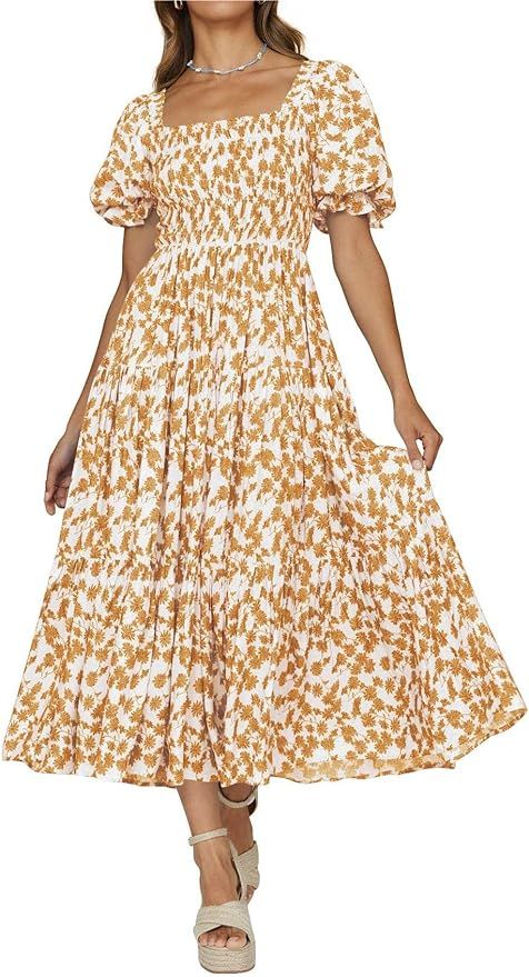 PRETTYGARDEN Women's Boho Floral Print Summer Dresses Square Neck Puff Sleeve A Line Long Dress S... | Amazon (US)