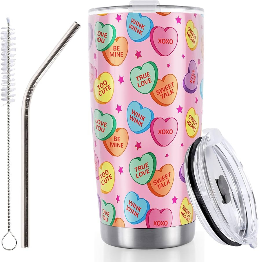 Whaline Valentine's Day Conversation Heart Tumbler Stainless Steel Travel Tumbler with Lid Straw ... | Amazon (US)