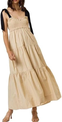 KMBANGI Women Boho Smocked Maxi Dress Tie Shoulder Y2k Floral Flowy Long Dress Swing Sleeveless S... | Amazon (US)