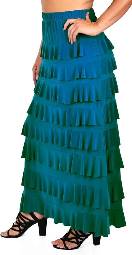 Women Waterfall 8 Tiered Boho Layered Maxi Skirt | Reg & Plus Sizes | Amazon (US)