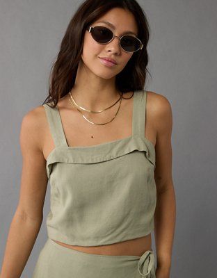 AE Cropped Linen-Blend Tank Top | American Eagle Outfitters (US & CA)