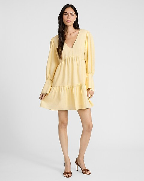 Linen-blend V-neck Long Sleeve Tiered Mini Dress | Express
