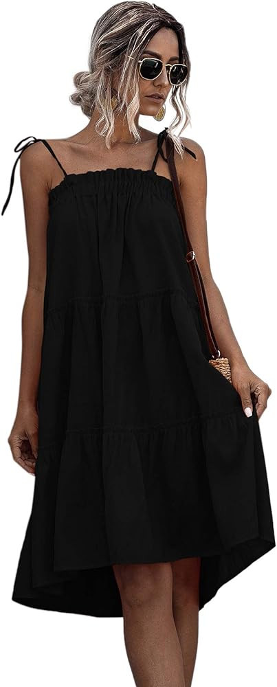 Romwe Women's Sleeveless Spaghetti Strap Tiered Layer Frill Knot Loose Cotton Summer Cami Dress B... | Amazon (US)