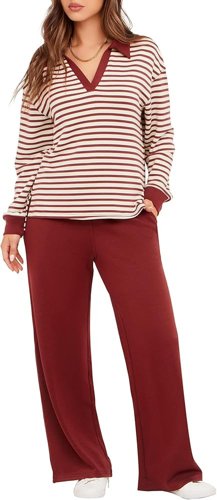Glamaker Women's 2 Piece Sets Outfits Casual Long Sleeve Sweatsuits Polo Top and Wide Leg Pants M... | Amazon (US)