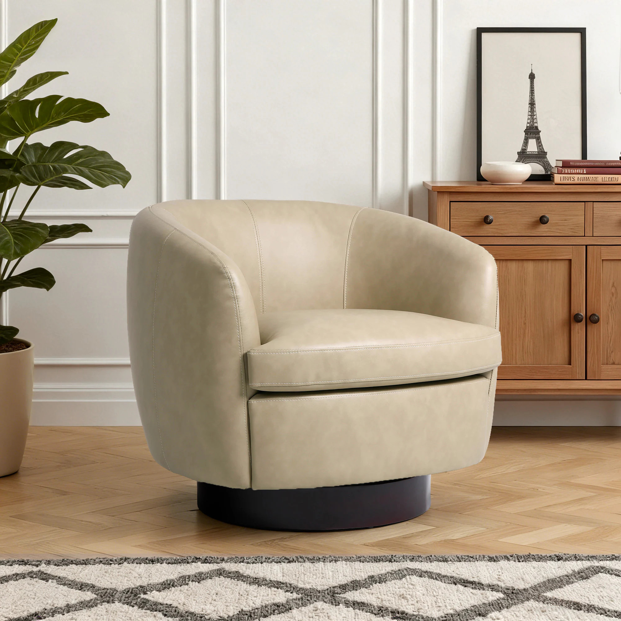 Dreamsidea 32.3-in W Swivel Barrel Chair with Solid Wood Base Faux Feather Upholstery - Cream one_size | LS-CH0069-P-CREAM | Lowe's