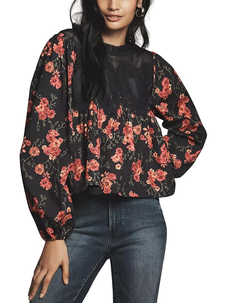 PUWEI Womens Floral Print Lace Blouses Long Sleeve Crew Neck Lace Mesh Poplin Swing Babyboll Tops... | Amazon (US)