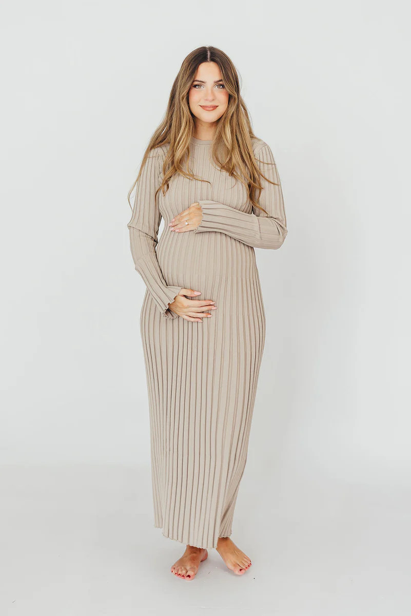Colette Premium Long Sleeved Ribbed Knit Maxi Dress in Stone - Bump Fr | Worth Collective