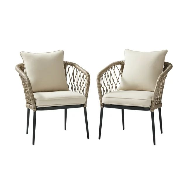 Better Homes & Gardens Kennedy Pointe Wicker Outdoor Cushioned Stack Chair - Set of 2, Beige/Blac... | Walmart (US)