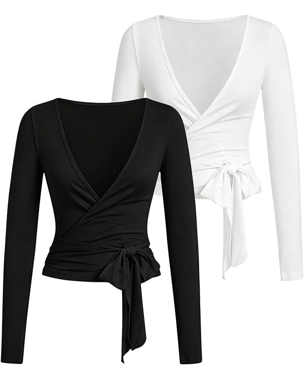 BJhaz Women's Pilates Wrap Tops V Neck Long Sleeve Yoga Workout Shirt | 2-pack cross tie front da... | Amazon (US)