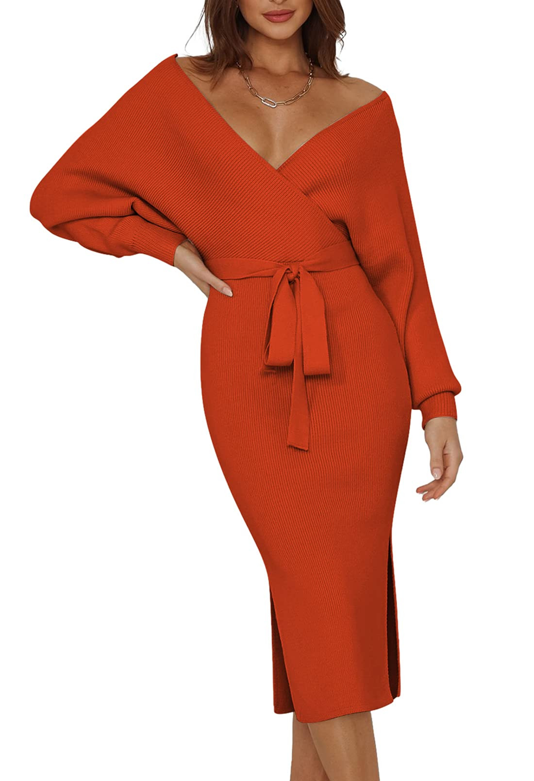 Pink Queen Womens V Neck Sweater Wrap Dresses Batwing Sleeve Sexy Backless Slit Maxi Knit Dress with | Amazon (US)