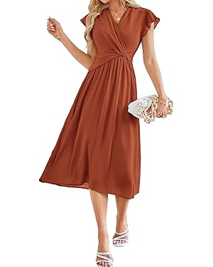 JASAMBAC Womens Dresses Casual Ruffle Short Sleeves Chiffon Empire Waist Elastic V-Neck Wedding G... | Amazon (US)