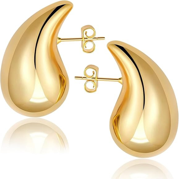 Funte® Chunky Gold Hoop Earrings 18k Gold Plated Teardrop Earrings For Women Hypoallergenic Ster... | Amazon (UK)