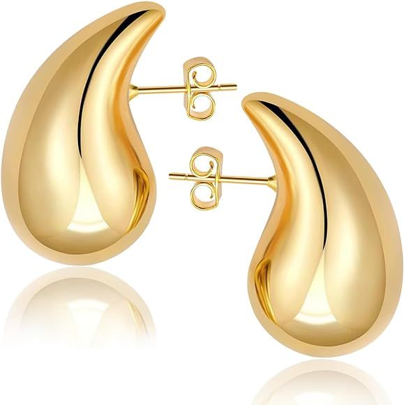 Funte® Chunky Gold Hoop Earrings 18k Gold Plated Teardrop Earrings For Women Hypoallergenic Ster... | Amazon (UK)