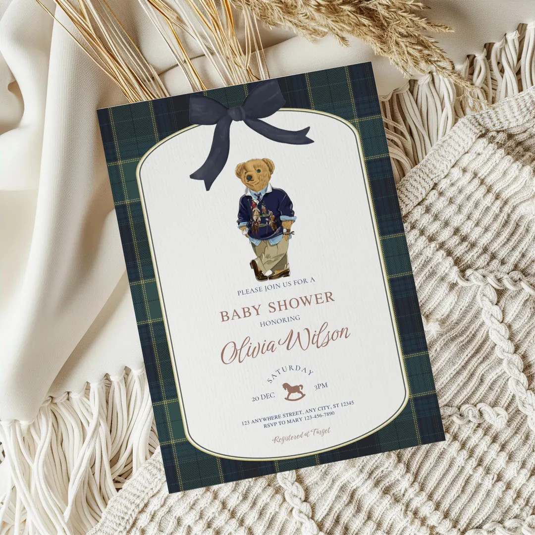 Luxury Polo Teddy Bear Baby Shower Invitation | Classic Tartan Plaid Equestrian Theme | Gender Ne... | Etsy (US)