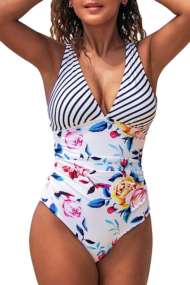 CUPSHE Women's One Piece Swimsuit V Neck Tummy Control Cross Back Vintage Swimwear Bathing Suits | Amazon (US)