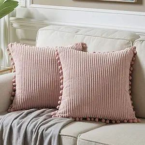 Fancy Homi Pack of 2 Decorative Throw Pillow Covers 22x22 with Pom-poms, Soft Corduroy Solid Squa... | Amazon (US)