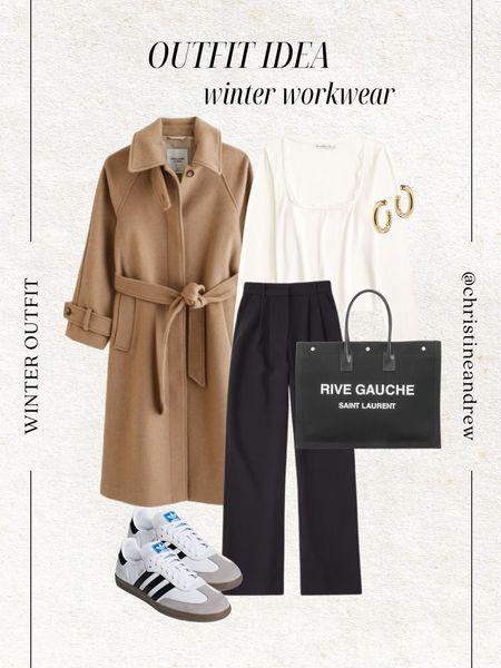 Winter workwear outfit idea ❄️

Winter outfit; work outfit; office outfit; wide leg trousers; black trousers; tan coat; adidas samba; saint Laurent tote; work tote; lace shirt; mom outfit; winter style; Abercrombie; sake; Christine Andrew 

#LTKstyletip #LTKSeasonal #LTKworkwear