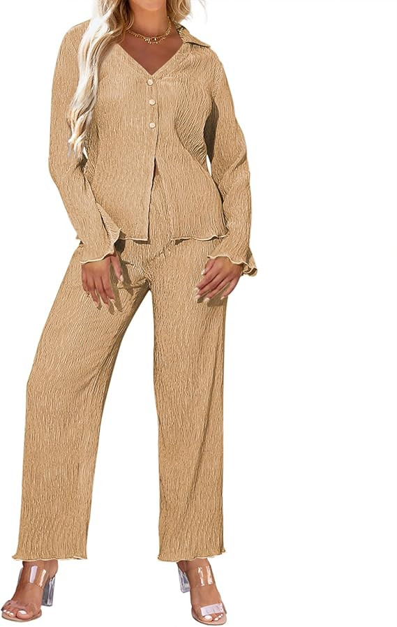 Ekouaer Womens Lounge Set Two Piece Outfits Casual Pleated Long Sleeve Button Down Shirt and Pala... | Amazon (US)