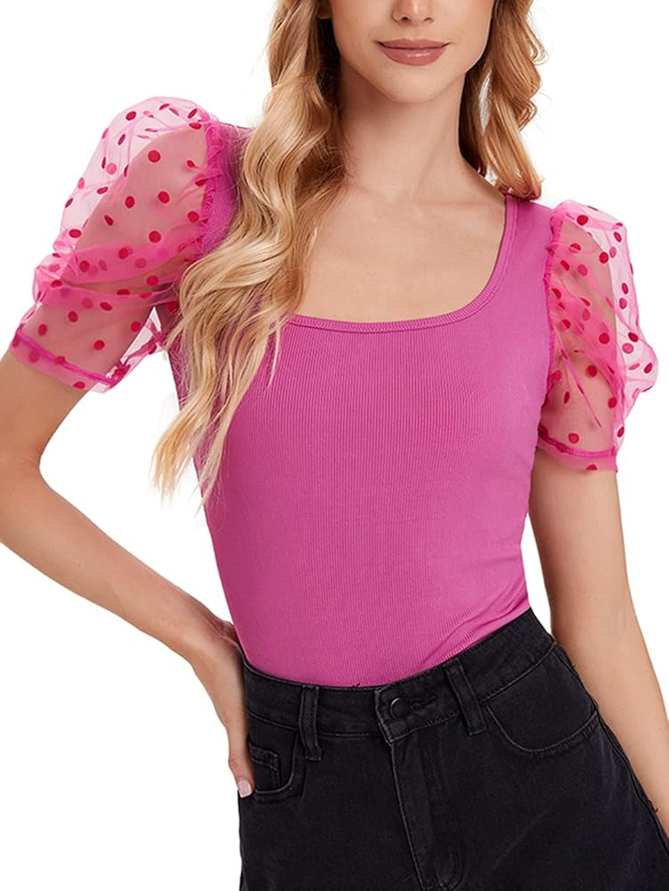 Verdusa Women's Sheer Dobby Mesh Puff Sleeve Square Neck Top | Amazon (US)