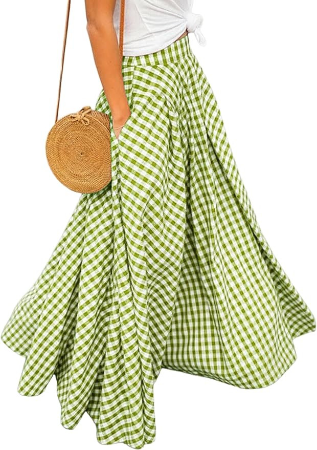 Mansy Women's Plaid Gingham Maxi Skirt High Waist A Line Pleated Flared Summer Casual Swing Long ... | Amazon (US)