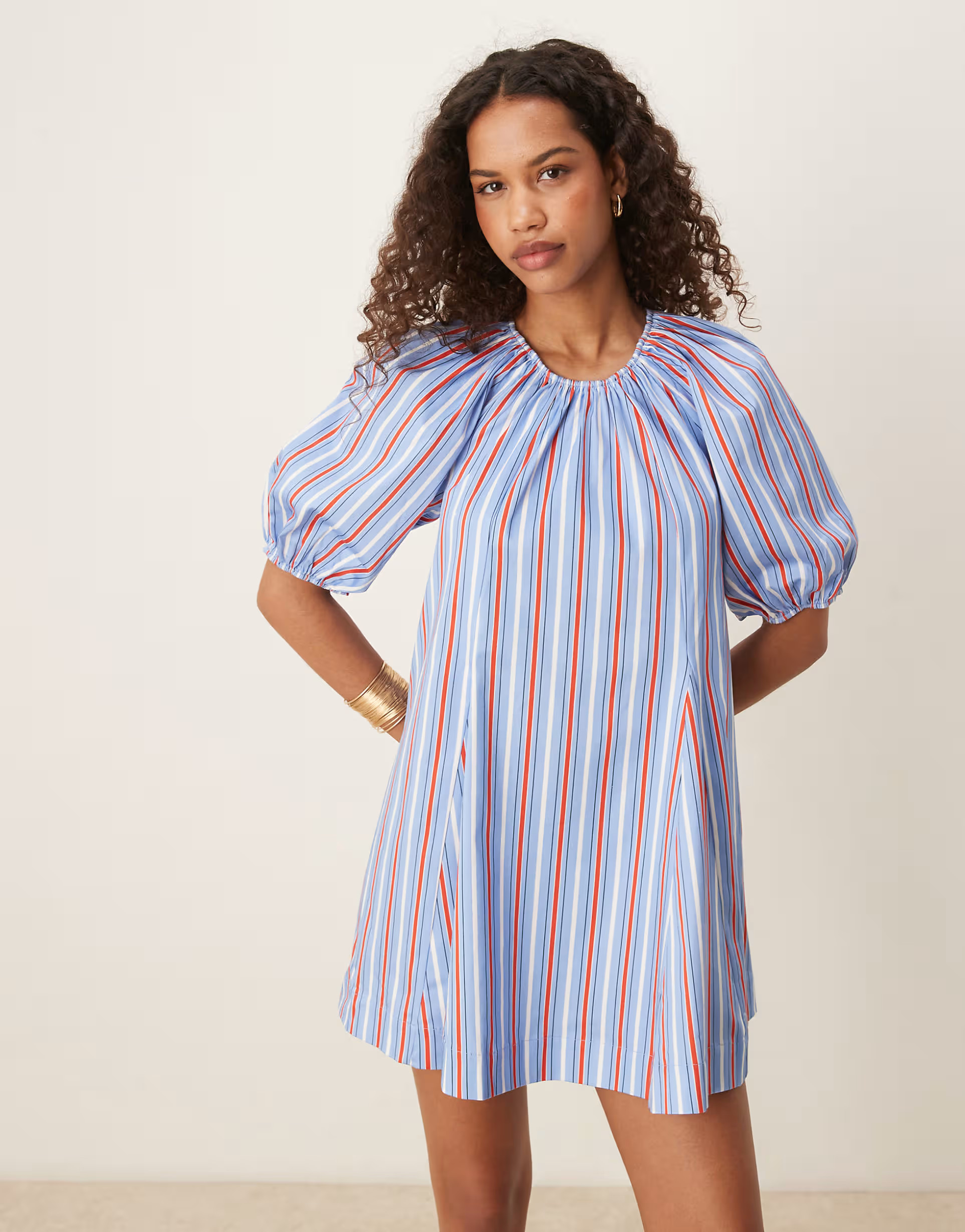 ASOS DESIGN puff sleeve cotton poplin mini dress in blue stripes | ASOS | ASOS (Global)