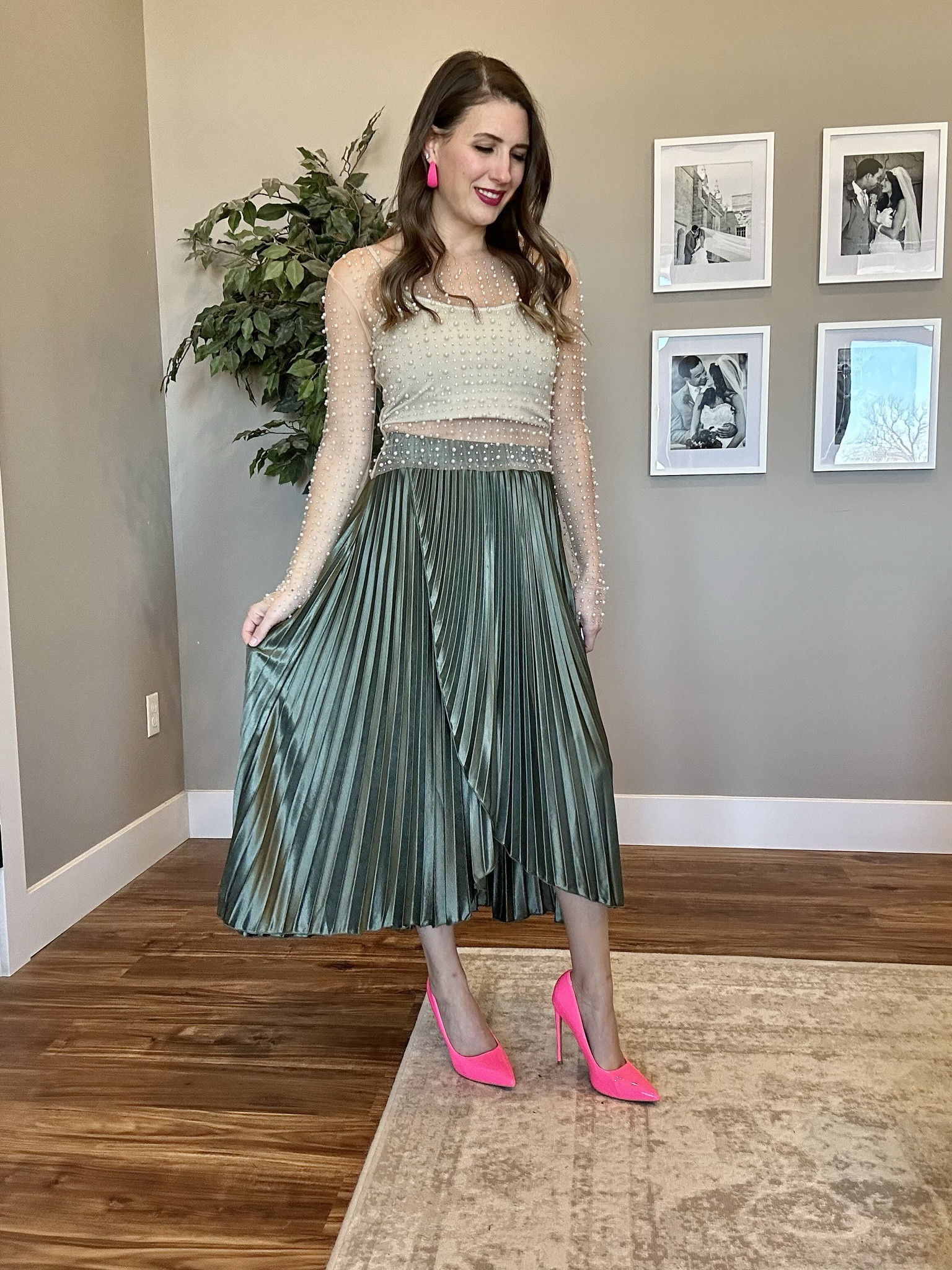Pearl mesh top with a pleated midi skirt
+ hot pink accent pieces

Valentines outfit, date night outfit, wedding guest outfit, spring dress

#LTKfindsunder50 #LTKSeasonal #LTKwedding