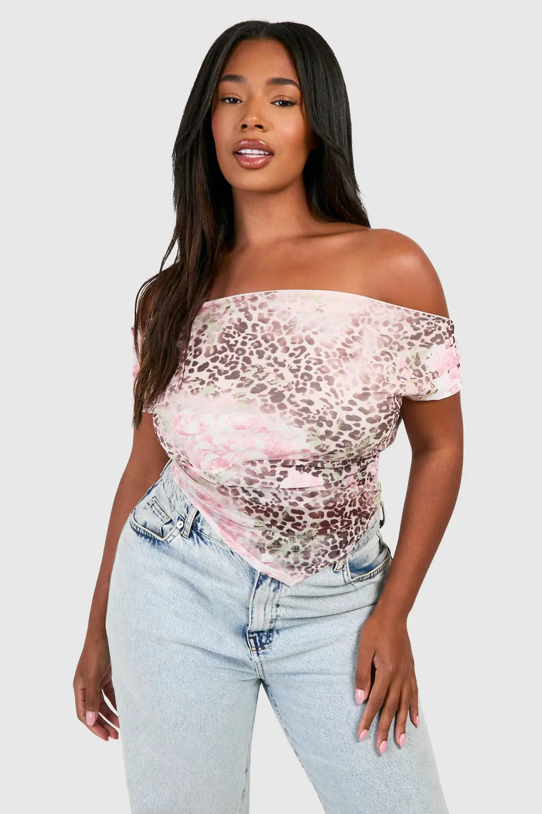 Brown Plus Faded Leopard Mesh Cowl Front And Back Top | Boohoo | Boohoo.com (UK & IE)