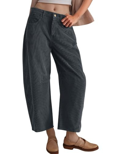 Flygo Womens Corduroy Pants Mid Rise Corduroy Barrel Pants Wide Leg Elastic Waist Cord Pants Casual Baggy Trousers(Darkgrey-M) | Amazon (US)