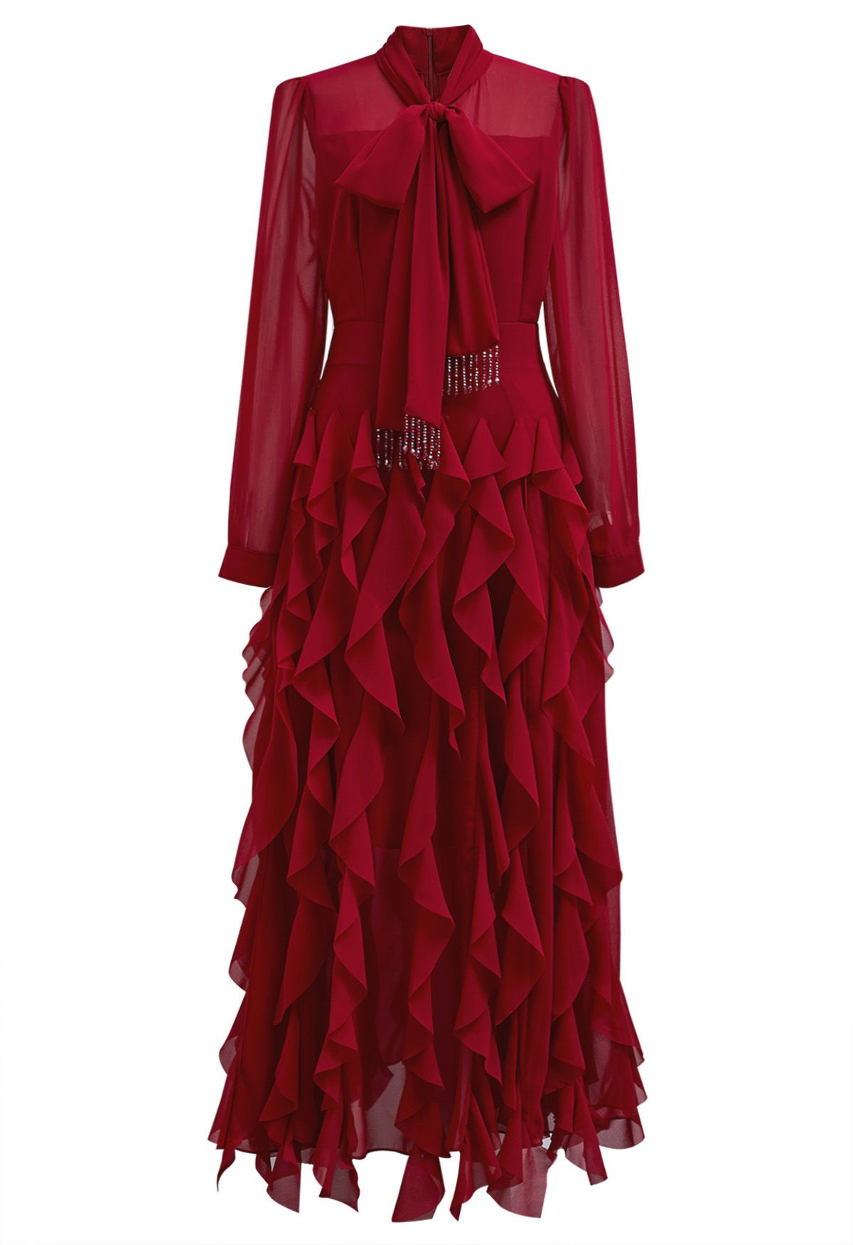 Beaded Tassel Bowknot Cascade Ruffle Chiffon Maxi Dress in Red | Chicwish