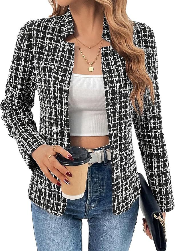 2025 Women's Tweed Blazer Lightweight Plaid Open-Front Stand-Collar Fully-Lined Casual Fashion El... | Amazon (US)