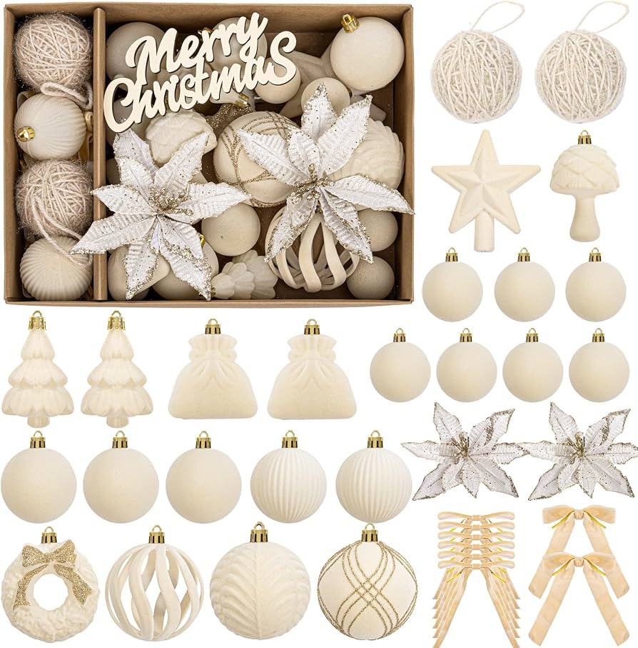 WDF 38PCS Ivory Christmas Ornaments - Beige Christmas Ornaments - Cream Velvet Balls for Christma... | Amazon (US)