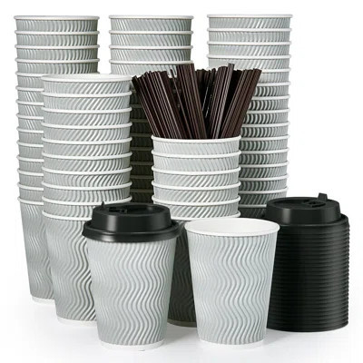 12 Oz Disposable Coffee Cups, 100 Count Insulated Ripple To Go Cups With Lids And Straws For Tea, Hot Chocolate, And Drinks | Wayfair North America