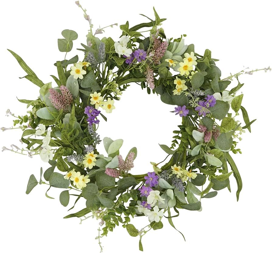 YNYLCHMX 18" Spring Flower Wreath with Multi-Colored Flower & Green Eucalyptus Leaves, Artificial... | Amazon (US)