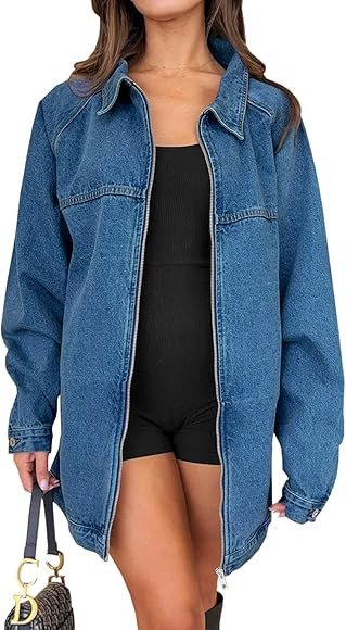 Tankaneo Womens Oversized Denim Jackets Casual Zip up Spring Long Sleeve Jean Jacket with Pocket | Amazon (US)