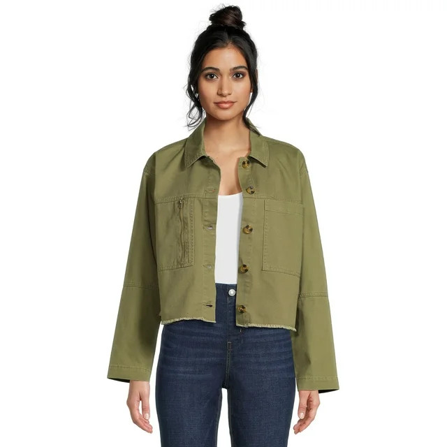 No Boundaries Juniors Fray Hem Twill Utility Jacket | Walmart (US)