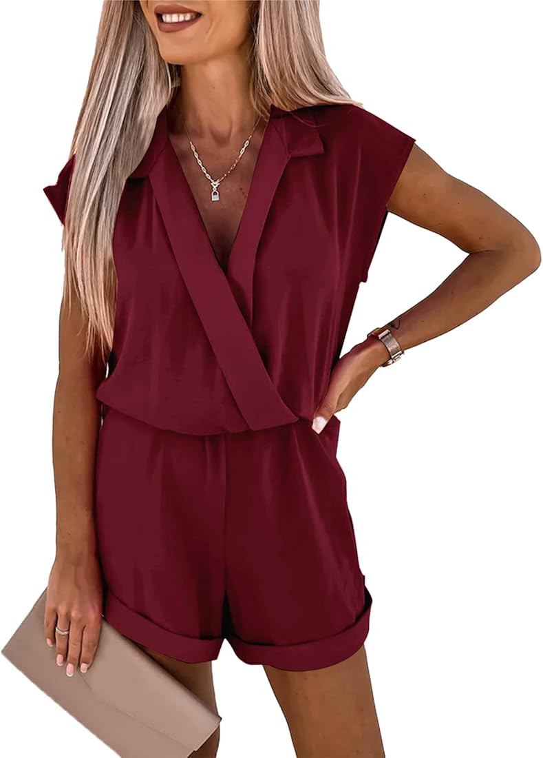 Women's Romper Dressy Summer 2023 Wrap V Neck Short Sleeve Wide Leg Shorts One Piece Jumpsuits | Amazon (US)
