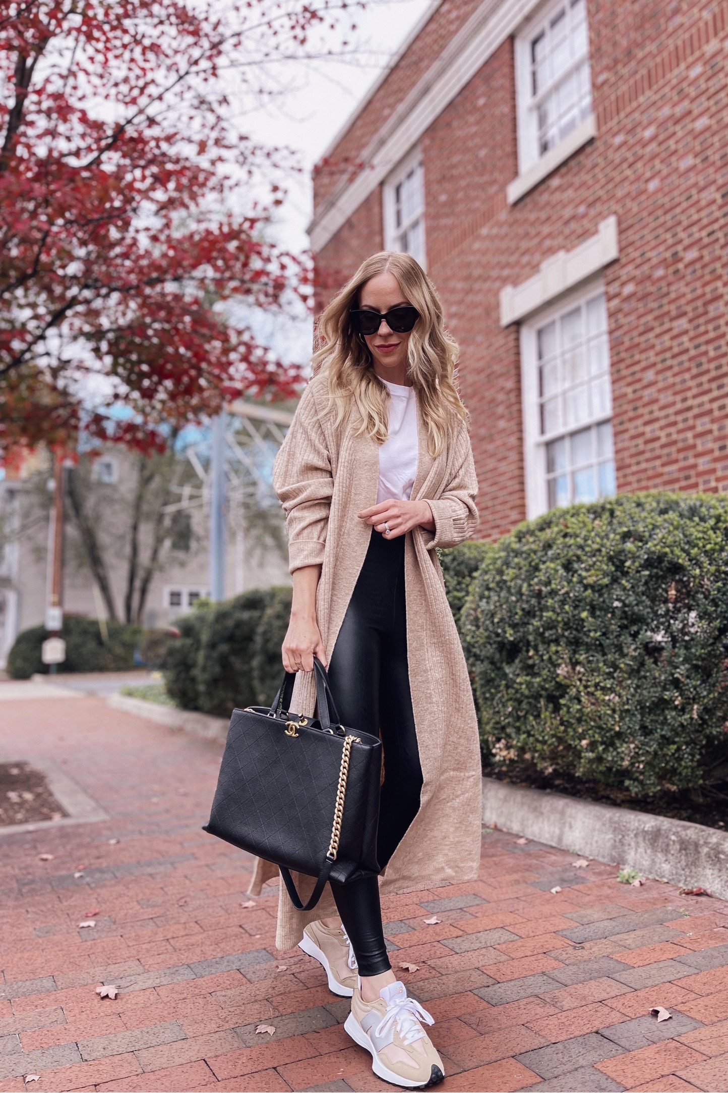 Fall fashion, long cardigan, faux leather leggings, New Balance 327 sneakers, casual fall outfit 

#LTKunder100 #LTKshoecrush #LTKSeasonal