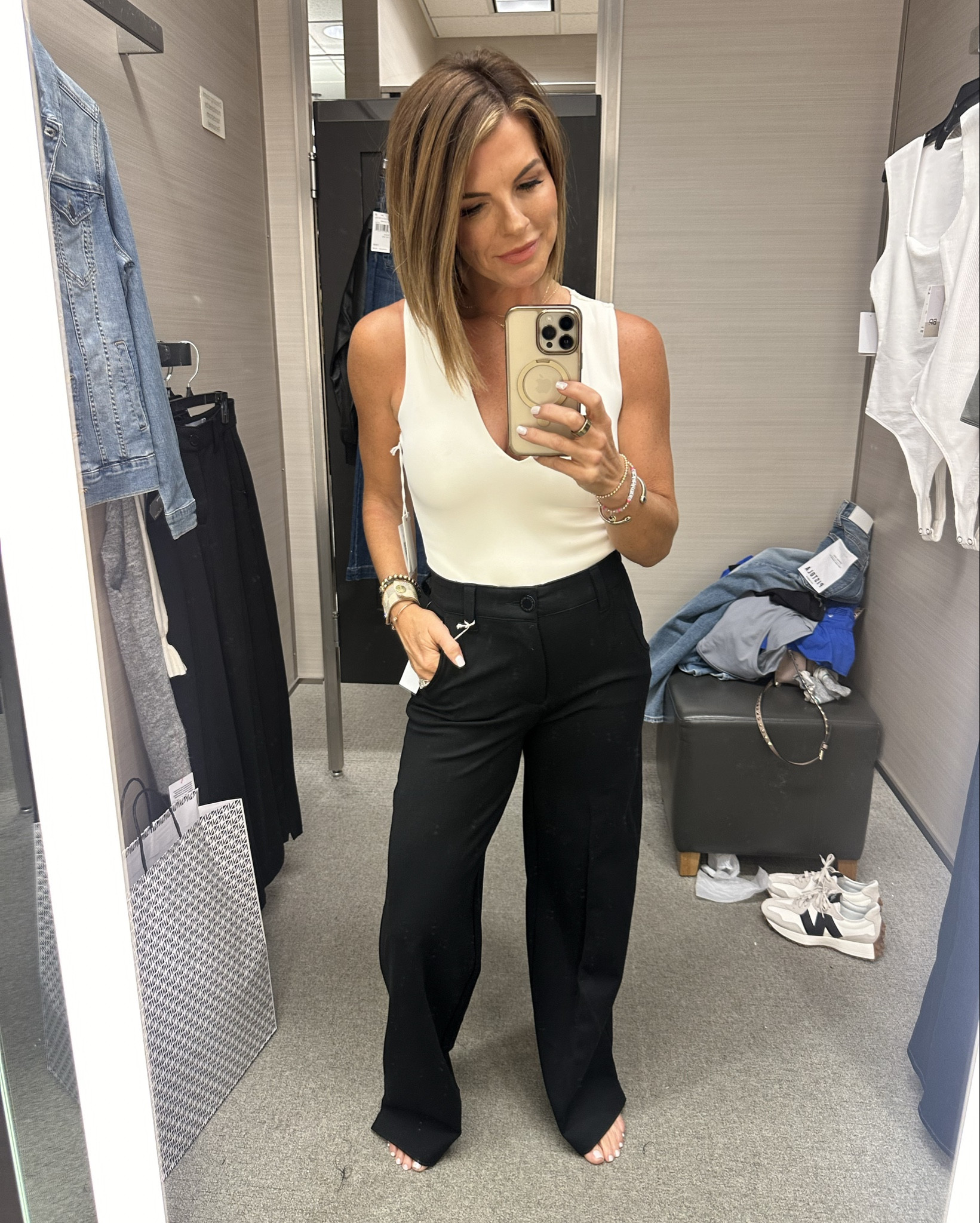 Love these black pants and bodysuits! Bodysuit is double lined! 🤩🙌 

Wearing a size small in the bodysuits, XS in the denim jacket, 00 in pants (but could also do a 0). 

#LTKSaleAlert #LTKxNSale #LTKOver40