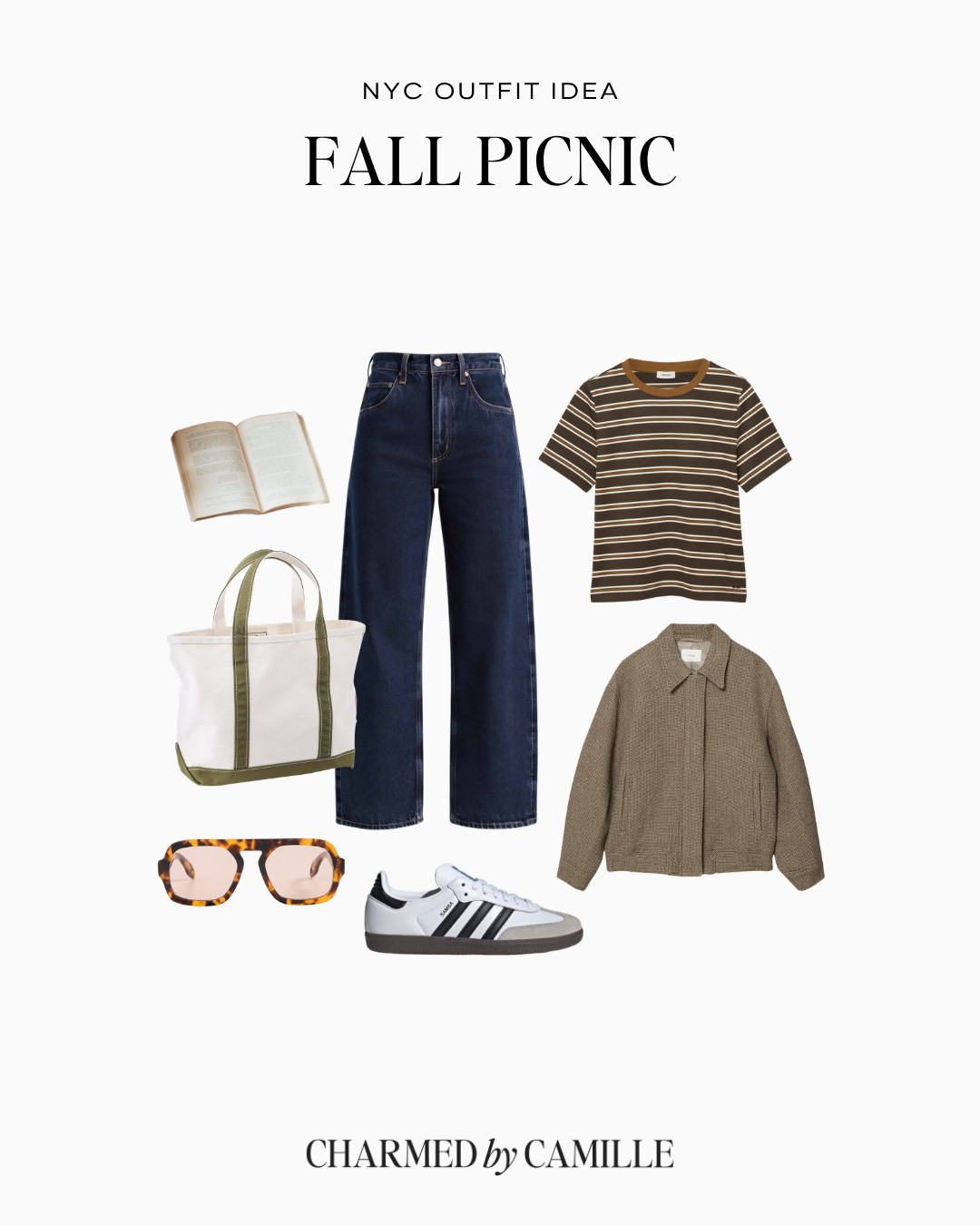 A casual fall picnic outfit made for lounging in the park. Pair a striped tee with wide-leg jeans and classic sneakers, then bring along a lightweight jacket in case it gets chilly. A roomy canvas tote holds all of the picnic essentials, including a good book.  

 #LTKSeasonal