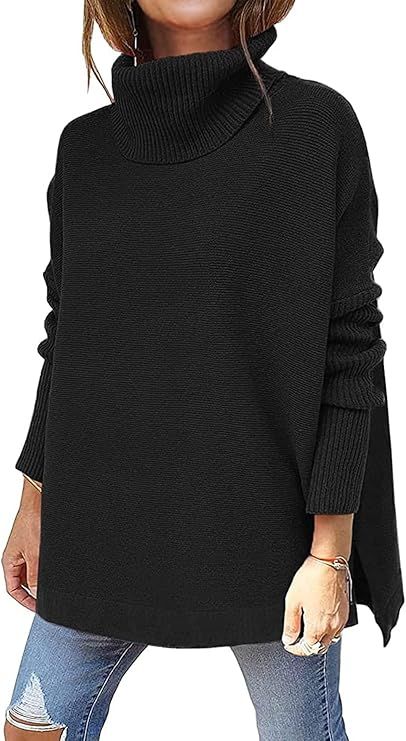 Womens Turtleneck Oversized Sweaters Long Batwing Sleeve Side Split Tunic Pullover Sweater | Amazon (US)