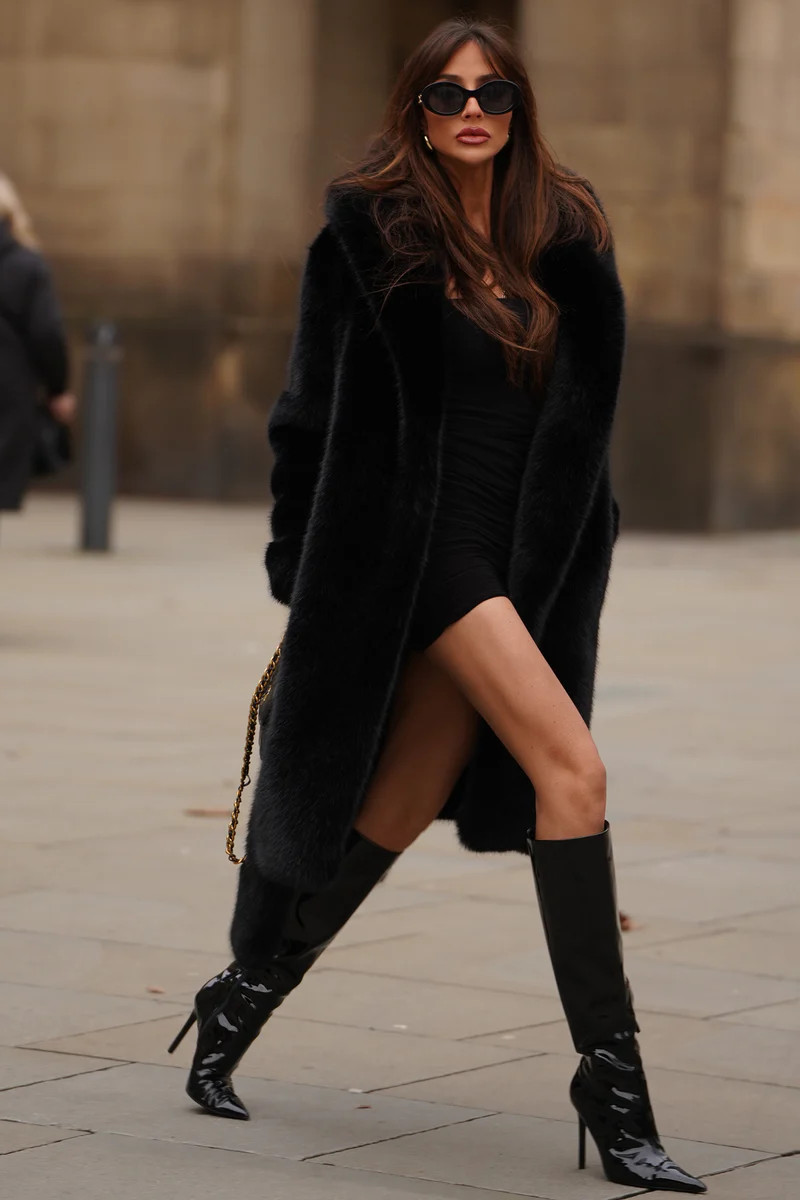 Slopeside | Black Long Belted Faux Fur Coat | Club L London