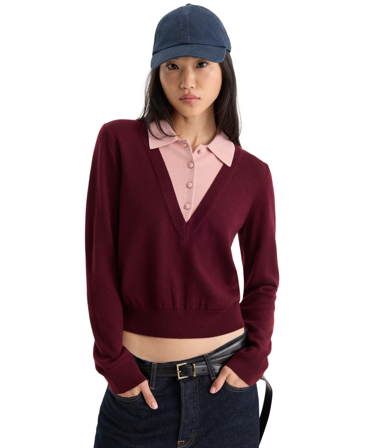 Good American Women's Two-In-One Collared Sweater - Berry Noir With Blush | Macy's