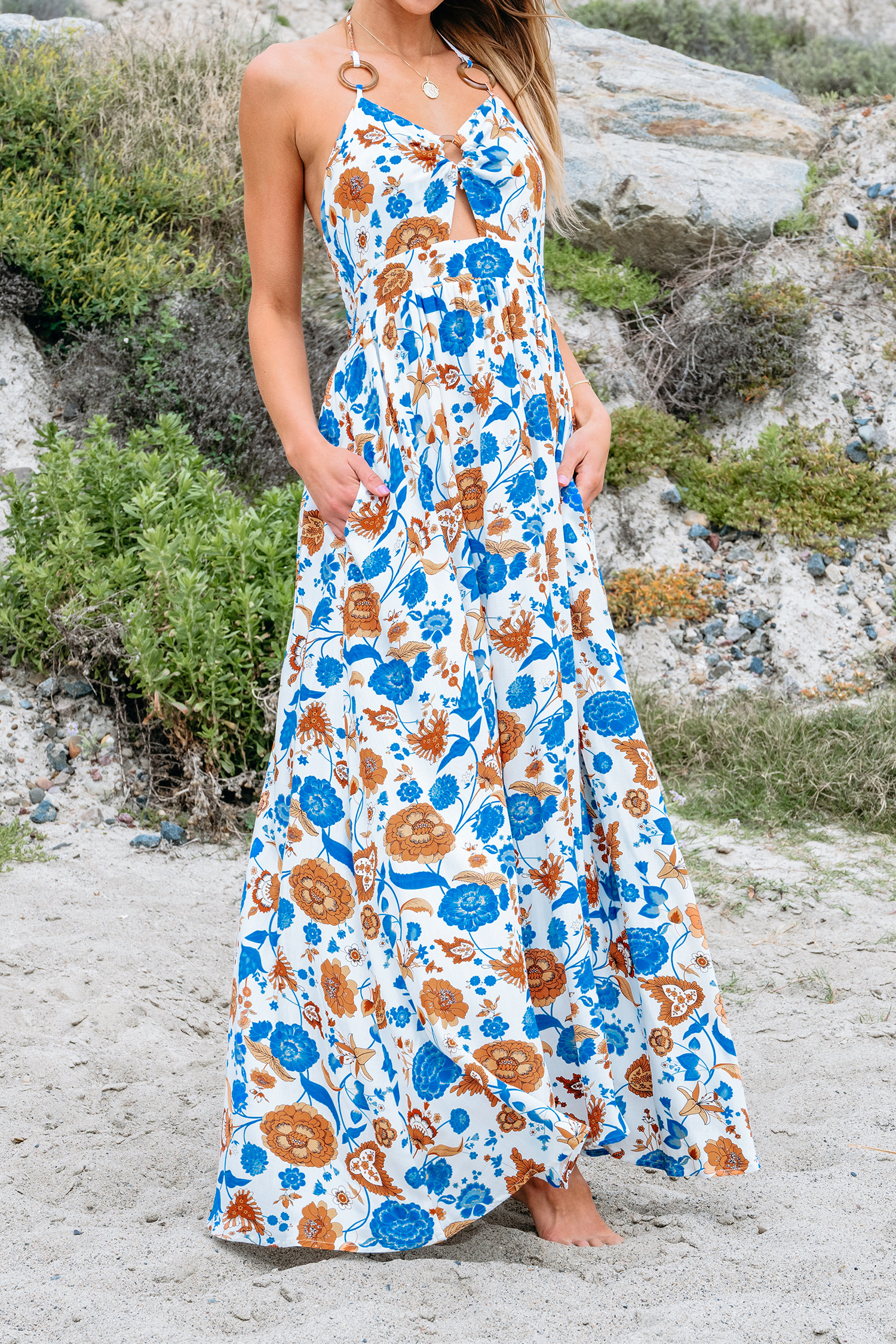 NewFloral Print V-Neck O-Ring Maxi Dress | Cupshe US