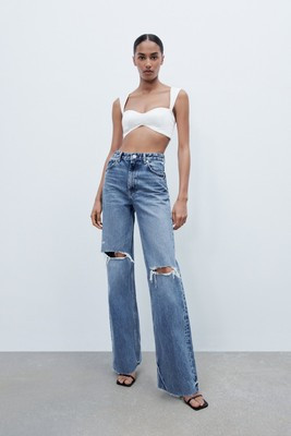 ZARA Ripped High Waist Wide Leg Full Length Jeans 4 | eBay US